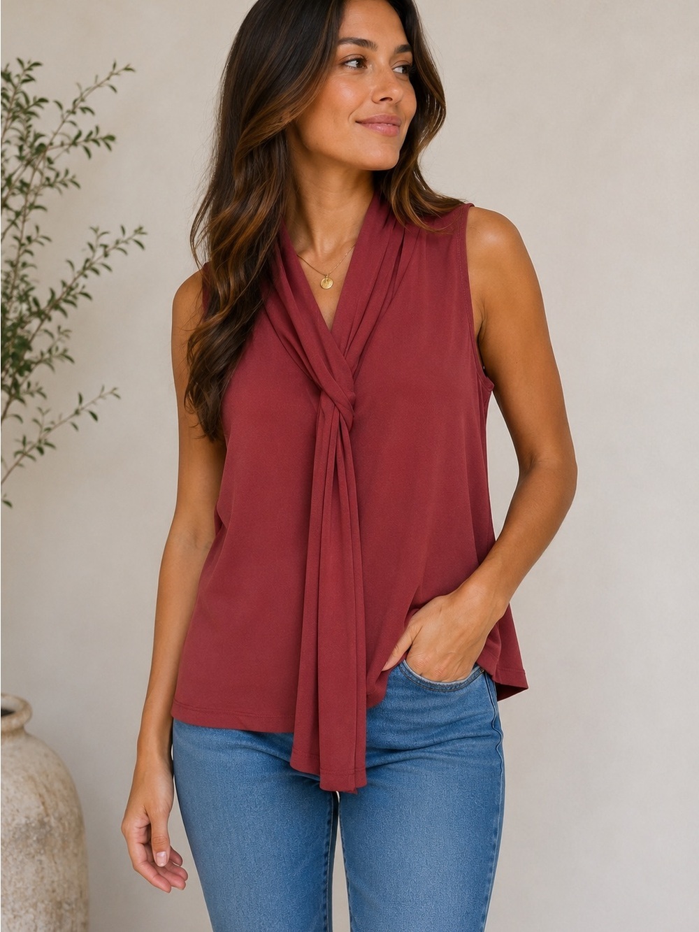 Premise Sleeveless Tie-Neck Camisole in Rust